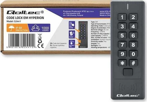 QOLTEC 52441 Kodinė spyna HYPERION su RFID skaitytuvu Kodų kortelės rakto pultelis IP68 EM