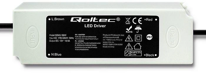 Qoltec Maitinimo šaltinis impulsinis LED IP67 | 150W | 12V | 12,5A | Atsparus vandeniui | Baltas