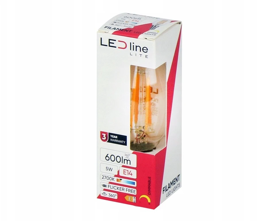 Quantec LED lemputė E14 C35 230V 5W 600lm, šiltai balta 2700K, pritemdoma, LED line LITE
