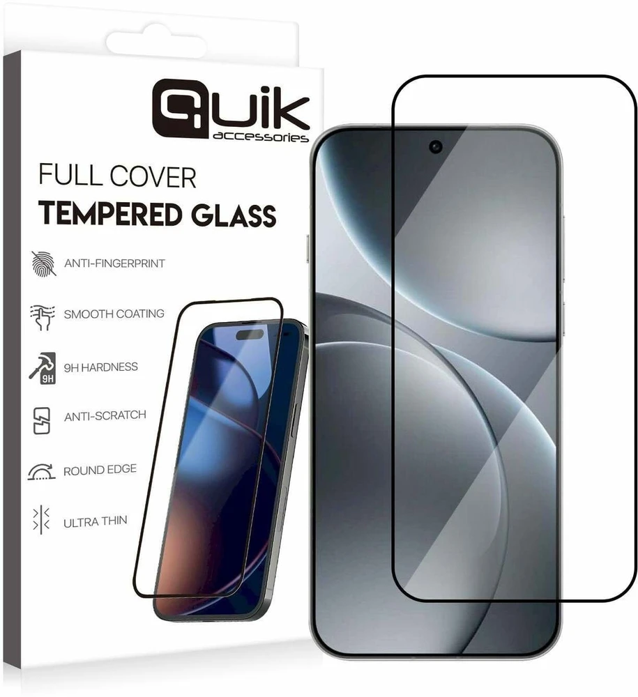 „Quik Quik“ priedai. Pilnai dengiantis grūdintas stiklas, skirtas „Samsung Oppo Find X9 Pro“.