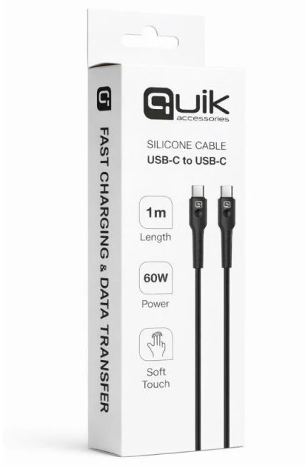 „Quik Accessories QK-1011“ minkštas silikoninis 60 W įkrovimo ir duomenų kabelis, USB-C į USB-C, 1 m