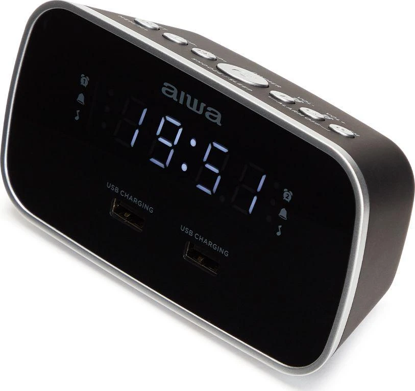 Aiwa Laikrodis su FM radiju, žadintuvu ir 2 USB įkrovimo lizdais, juodas
