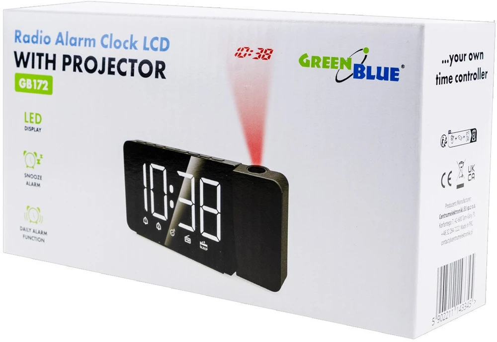Skaitmeninis LED laikrodis-radijas su „GreenBlue“ projektoriumi, FM radiju, žadintuvu, 12/24 laikrodžiu, 5 V nuolatinės srovės USB maitinimo šaltiniu + CR2032, GB172
