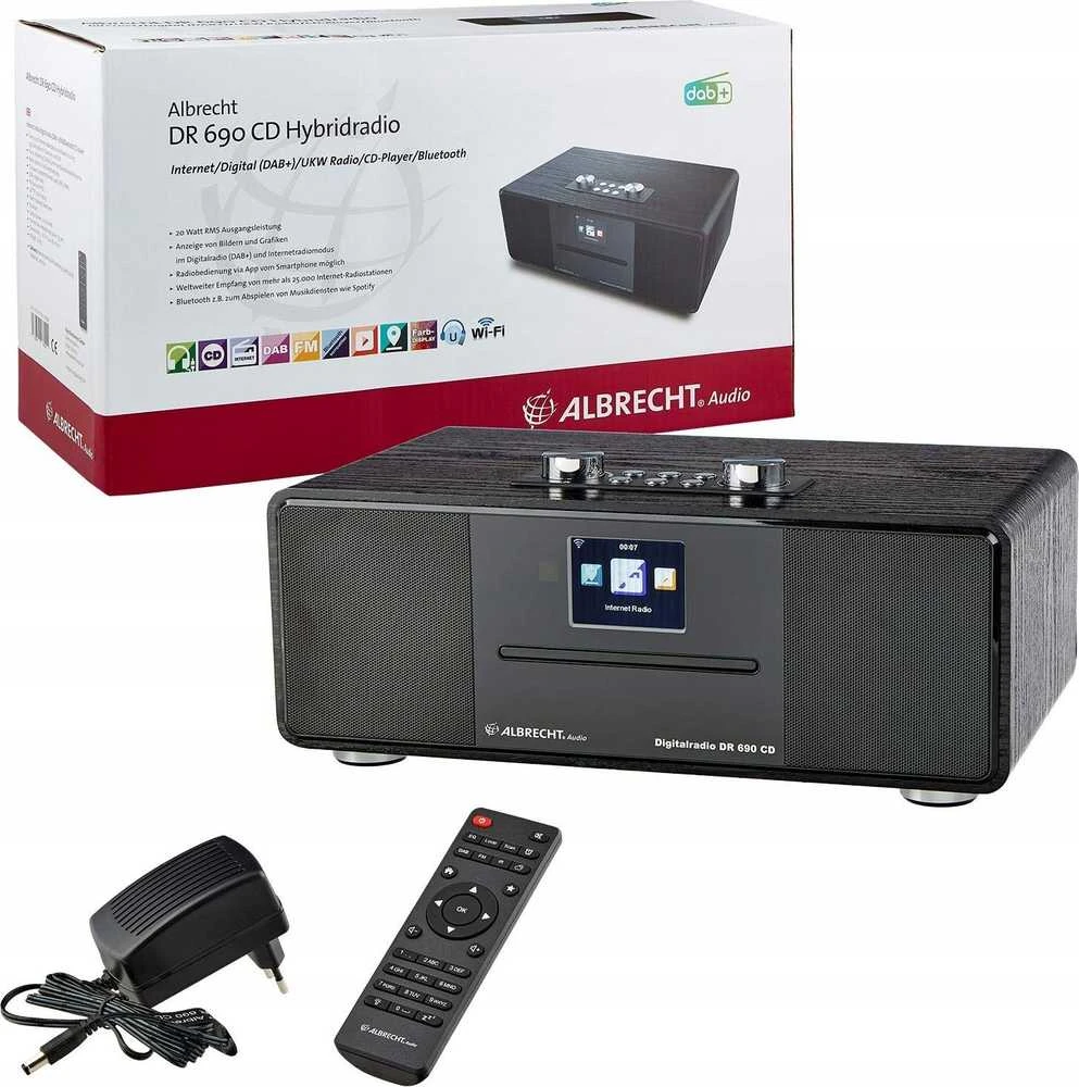 Albrecht DR 690 CD, DAB+/FM/Internet/CD, juodas medinis korpusas, 2,8" spalvotas ekranas,