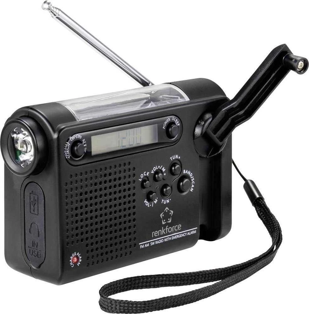 Renkforce RF-CR-200 statybinis radijo imtuvas, nešiojamas, įkraunamas, saulės baterijos, rankinis žadintuvas, jodo funkcija (RF-4694806)