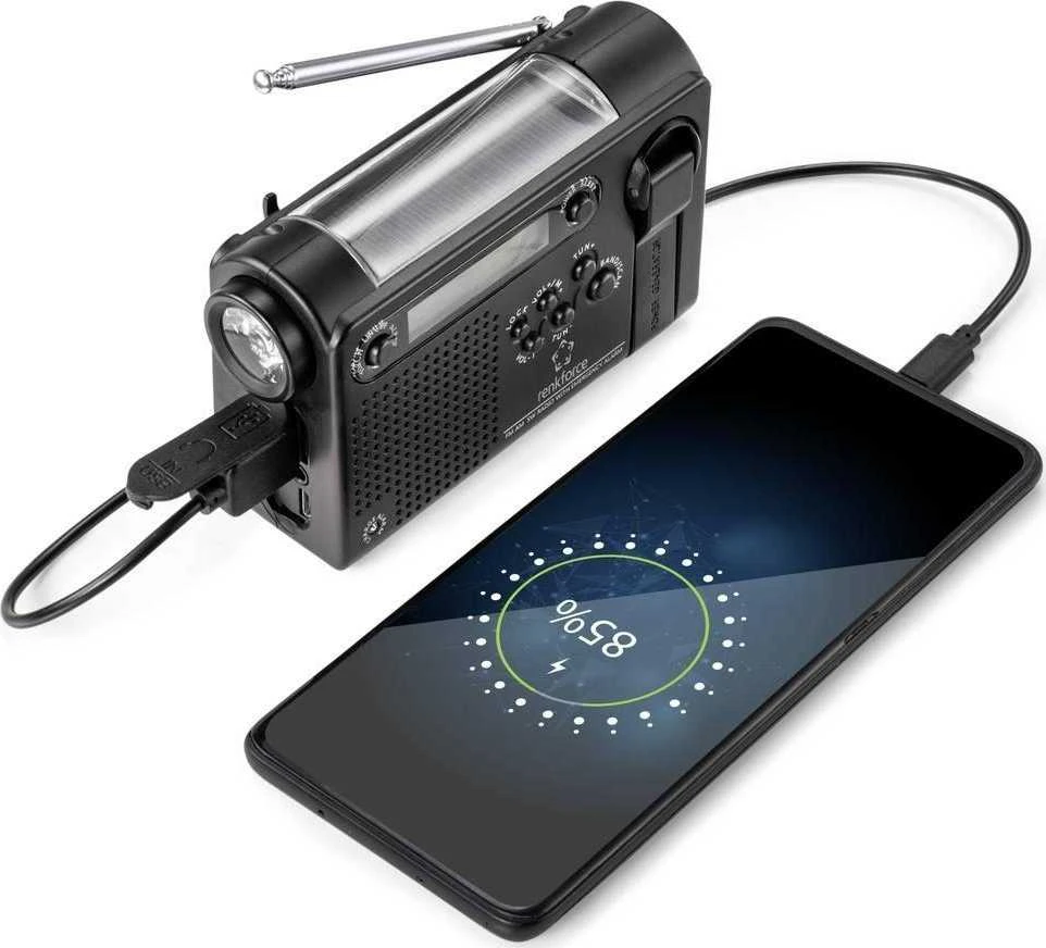 Renkforce RF-CR-200 statybinis radijo imtuvas, nešiojamas, įkraunamas, saulės baterijos, rankinis žadintuvas, jodo funkcija (RF-4694806)
