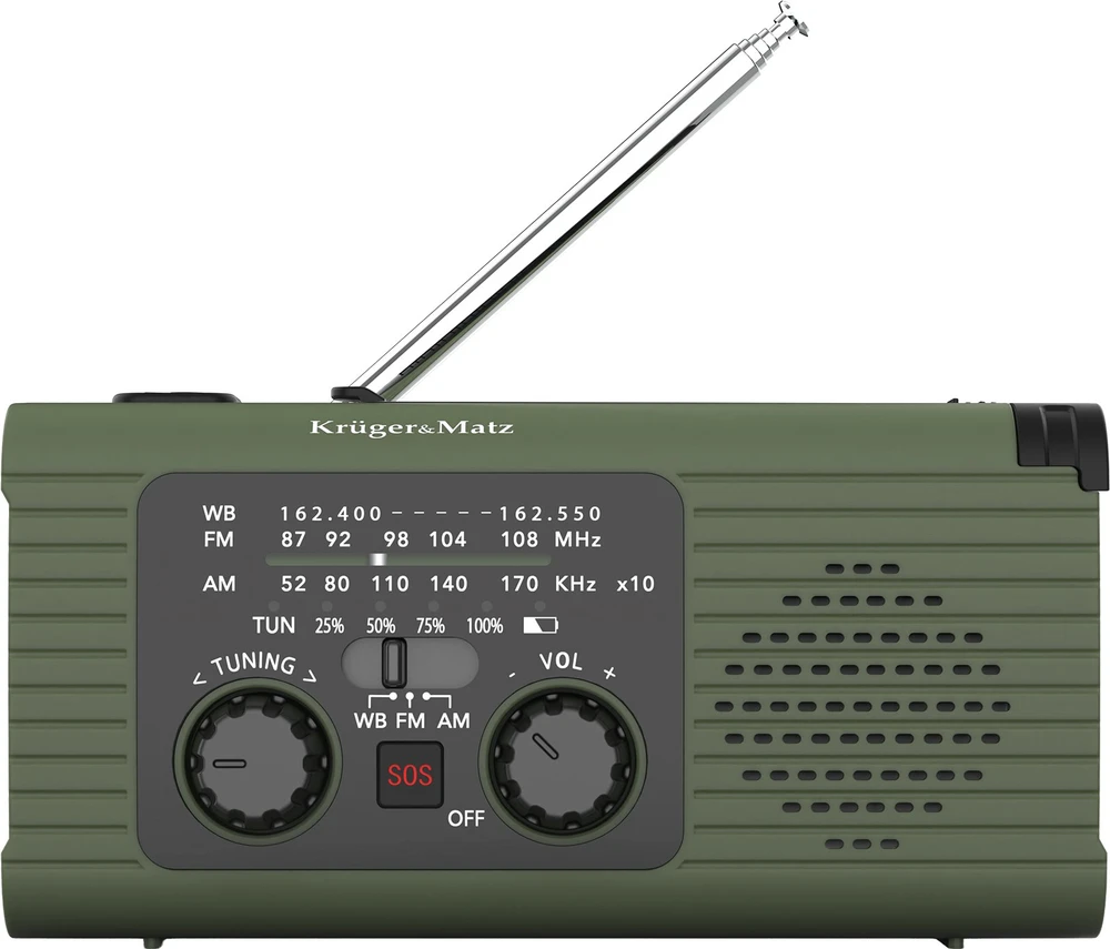 Kruger & Matz Saulės energija varomas radijas, nešiojamas SOS avarinis radijas, 5000 mAh išorinė baterija, žibintuvėlis, dinamo, KrugerMatz