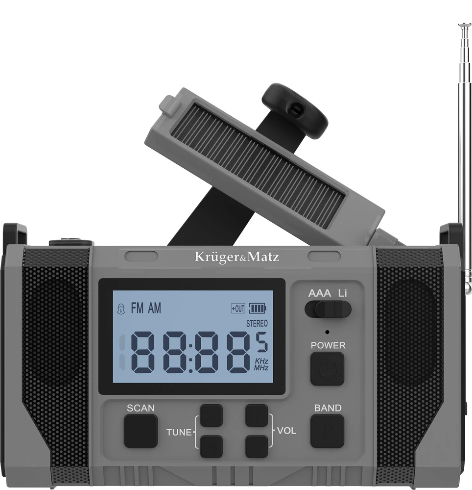 Kruger & Matz Saulės energija varomas radijas, nešiojamas SOS avarinis radijas, 10000 mAh išorinė baterija, žibintuvėlis, dinamo, KrugerMatz