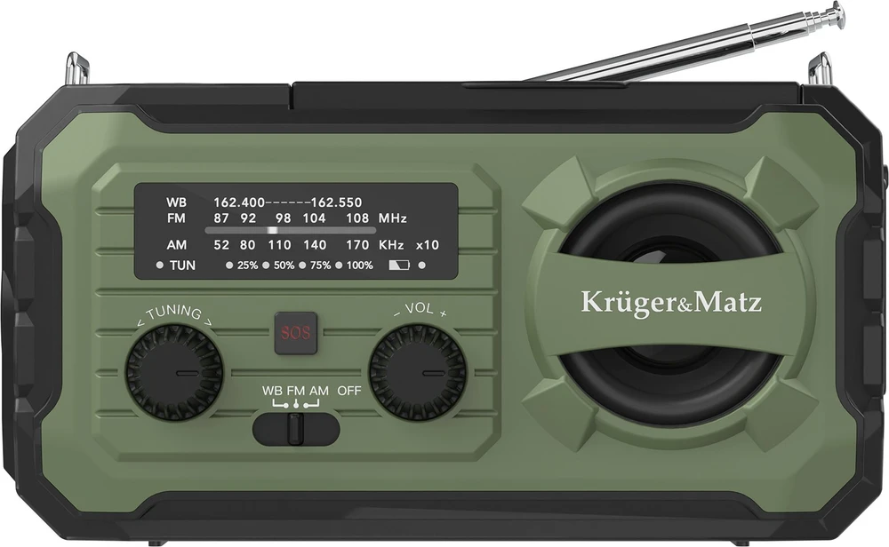 Kruger & Matz Saulės energija varomas radijas, nešiojamas SOS avarinis radijas, 10000 mAh išorinė baterija, žibintuvėlis, dinamo, KrugerMatz