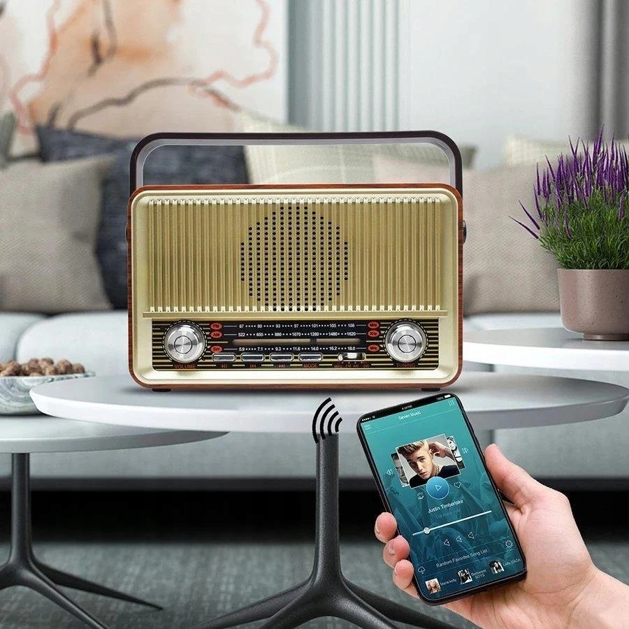 Lamex Radio . Radijas PRZENOŚNE RABA RETRO BLUETOOTH, FM, USB, SD, AUX Z PILOTEM, BRĄZOWE LX510BTB
