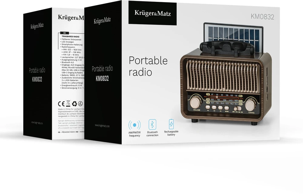 Kruger & Matz Radio Nešiojamasis analoginis saulės energija varomas „KrugerMatz“ radijo imtuvas, modelis KM0832