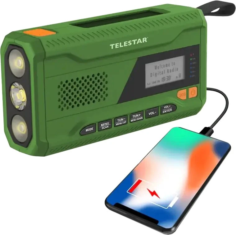 „Telestar TOP NR.5 DAB+/FM“ avarinis saulės energija varomas radijas su žibintuvėliu ir įkrovimo rankenėle, Žalias