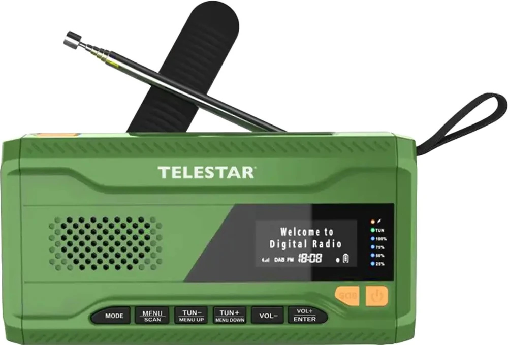 „Telestar TOP NR.5 DAB+/FM“ avarinis saulės energija varomas radijas su žibintuvėliu ir įkrovimo rankenėle, Žalias