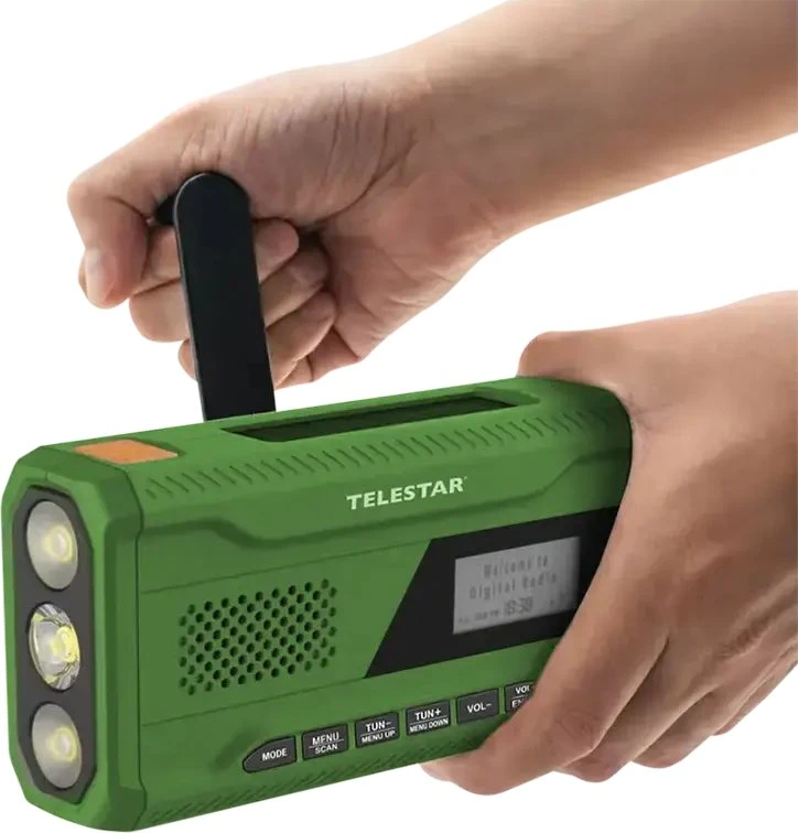 „Telestar TOP NR.5 DAB+/FM“ avarinis saulės energija varomas radijas su žibintuvėliu ir įkrovimo rankenėle, Žalias