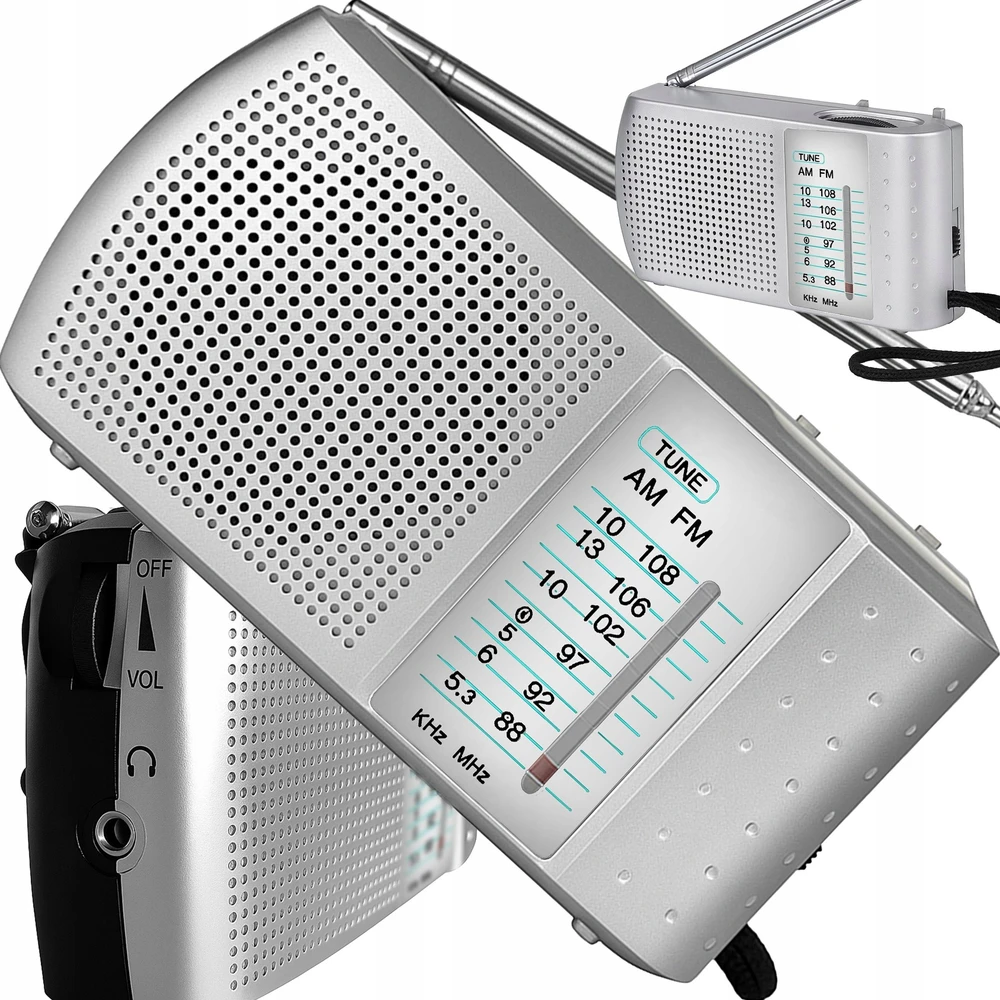 Retoo Radio Virtuvės radijas su baterijomis, nešiojamas, mažas, su FM AM SW antena, sidabrinės konstrukcijos - ER1070