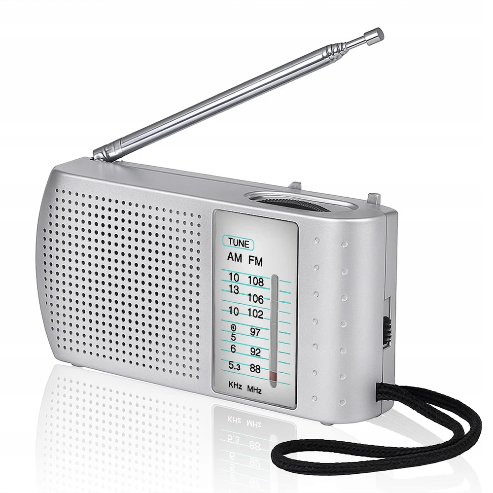 Retoo Radio Virtuvės radijas su baterijomis, nešiojamas, mažas, su FM AM SW antena, sidabrinės konstrukcijos - ER1070