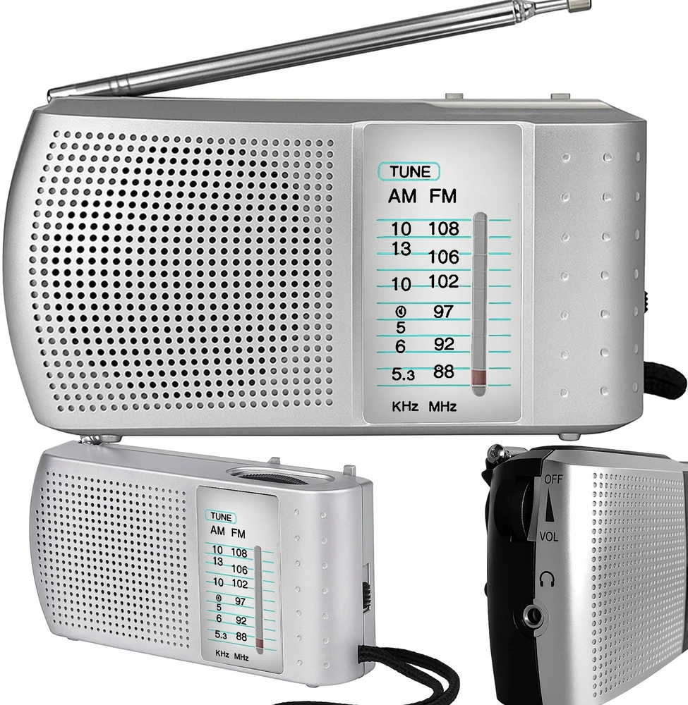 Retoo Radio Virtuvės radijas su baterijomis, nešiojamas, mažas, su FM AM SW antena, sidabrinės konstrukcijos - ER1070