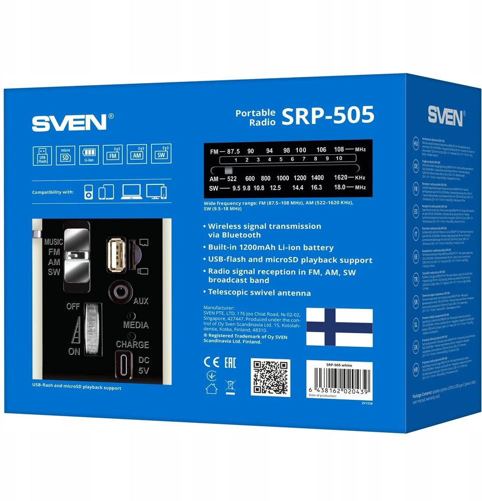 Garsiakalbis SVEN SRP-505, baltas (3 W, Bluetooth, FM/AM/SW, USB, Micro SD, AUX, baterija)