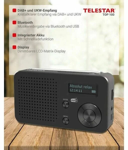 Telestar TOP100 portable DAB+/FM radio, Bluetooth, batteri 1050 mAh, Juodas