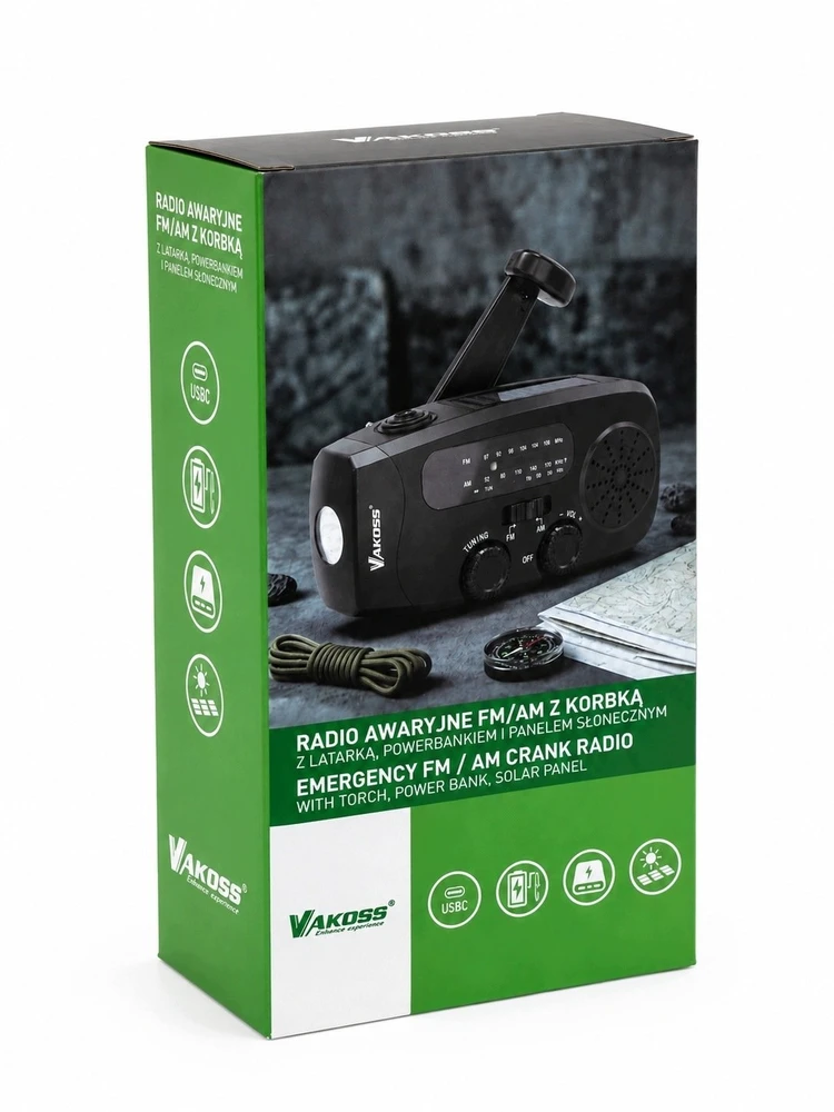 Vakoss FM-3660K FM/AM Emergency Radio with Dynamo / Flashlight / Power Bank / Solar Panel