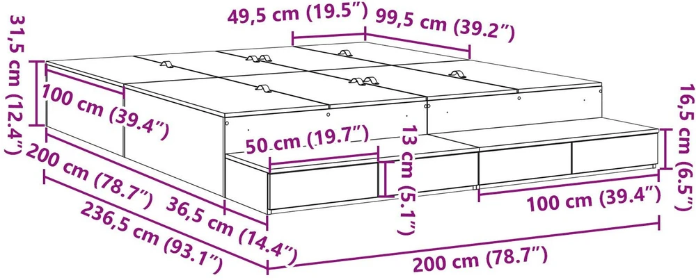 Lova su daiktų laikymo vieta Balta 200 cm Apdirbta mediena
