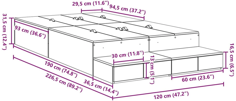 Lova su daiktų laikymo vieta su stalčių Betono pilka 120 cm
