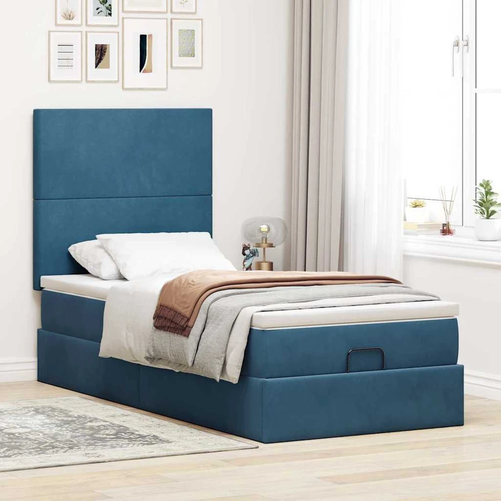 Osmanų lovos rėmas su čiužiniais, mėlynas, 90x200cm, aksomas
