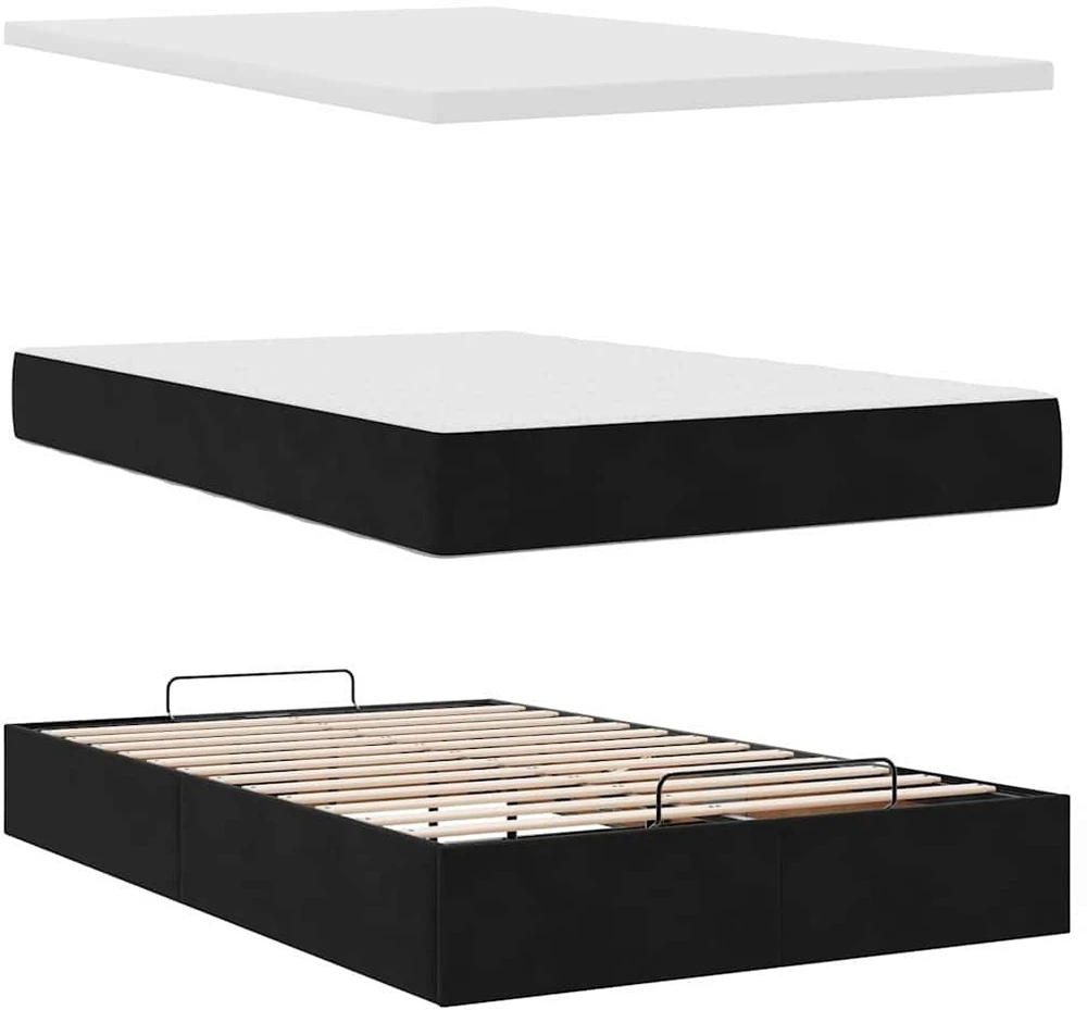 Osmanų lovos rėmas su čiužiniu, juodas, 90x190cm, aksomas