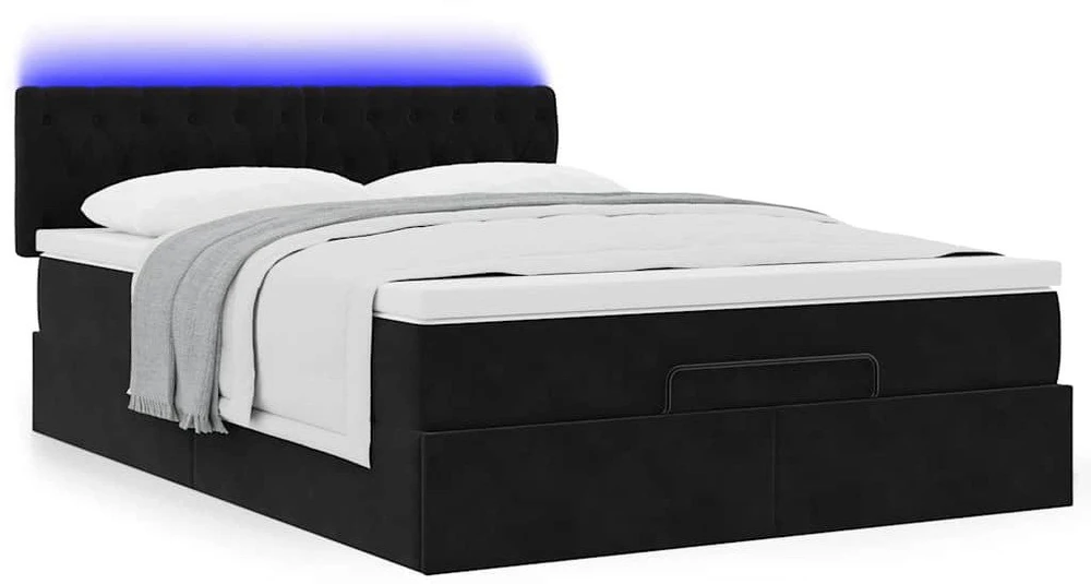 Pufas su čiužiniu ir LED lemputėmis, juodas, 140x200cm, aksomas