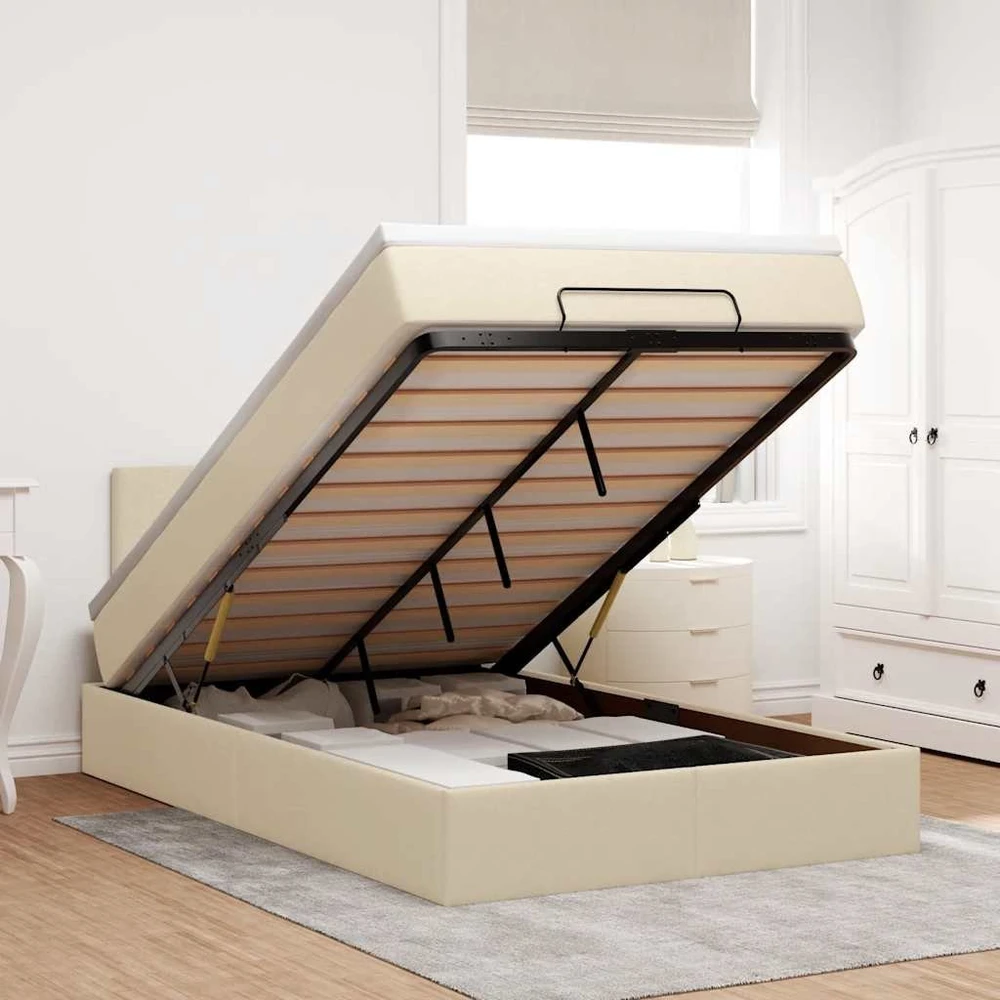 Osmanų lovos rėmas su čiužiniu, kreminis, 120x200cm, audinys