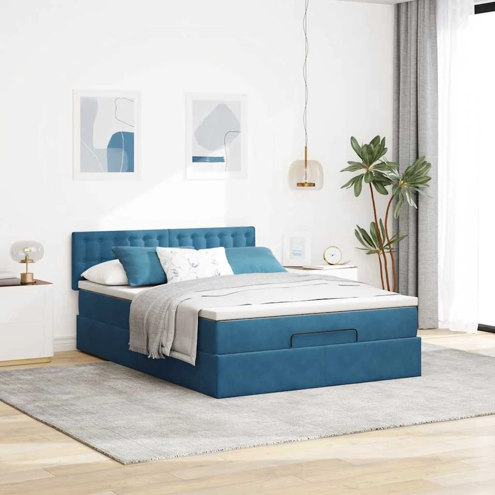 Osmanų lova su čiužiniu ir LED Tamsiai mėlyna 140x190cm Velvet