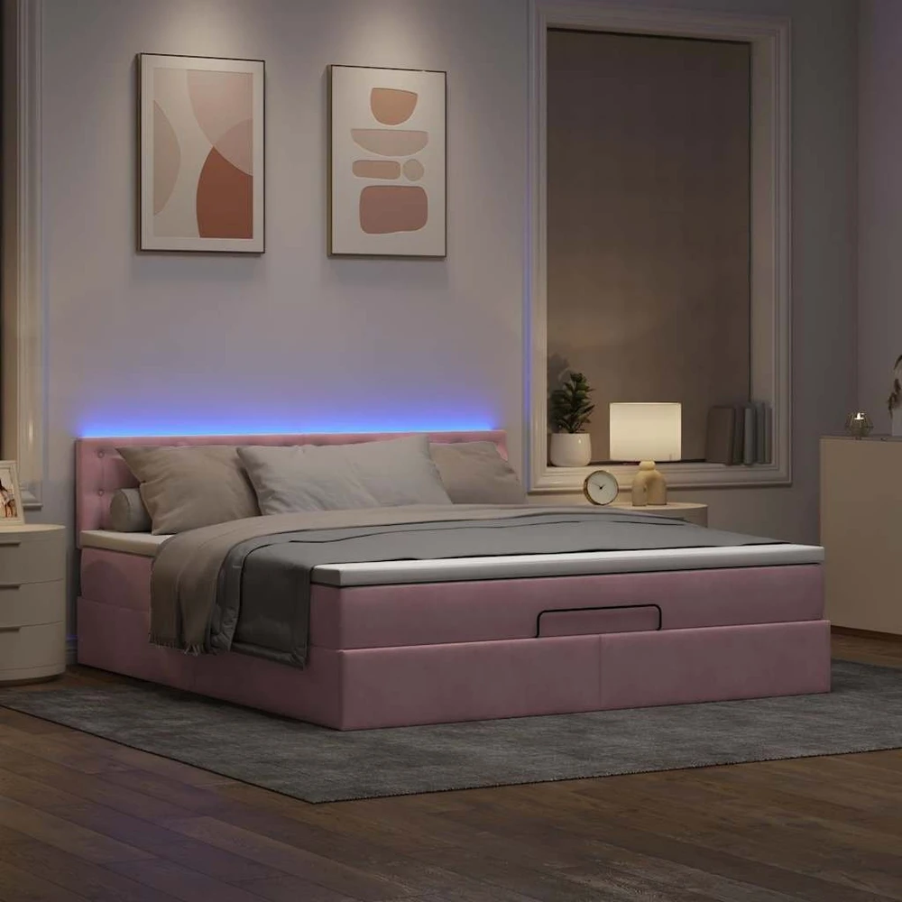 Osmanų lova su čiužiniu ir LED Rožinis 160x200cm Velvet