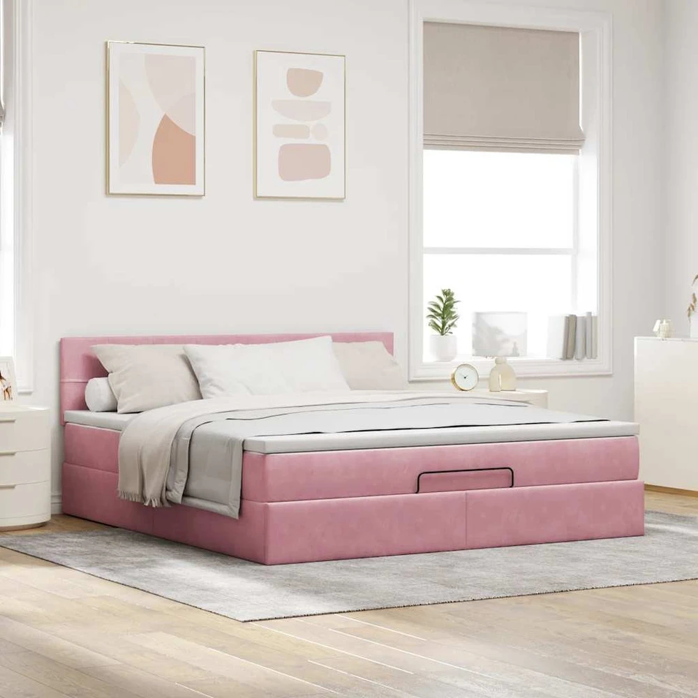 Osmanų lova su čiužiniu ir LED Rožinis 160x200cm Velvet