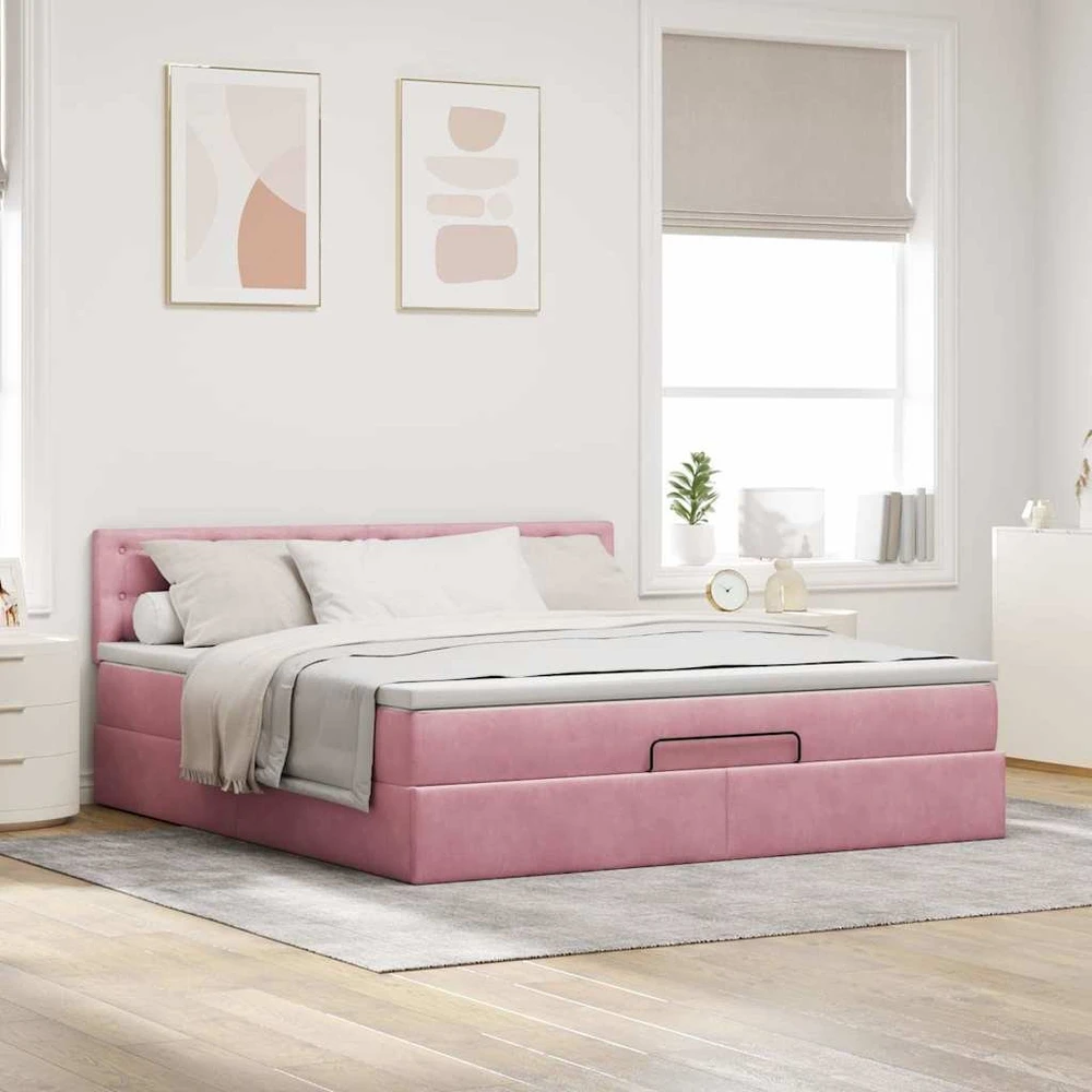 Osmanų lova su čiužiniu ir LED Rožinis 160x200cm Velvet