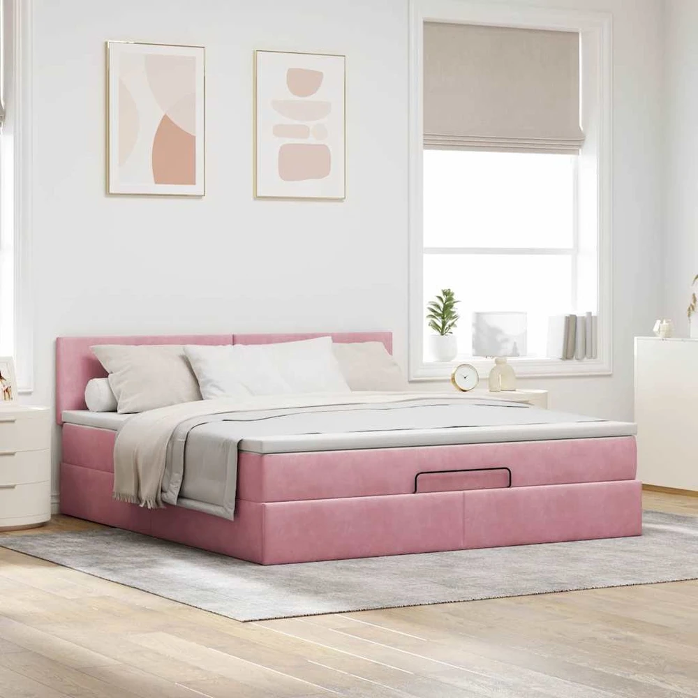 Osmanų lova su čiužiniu ir LED Rožinis 160x200cm Velvet