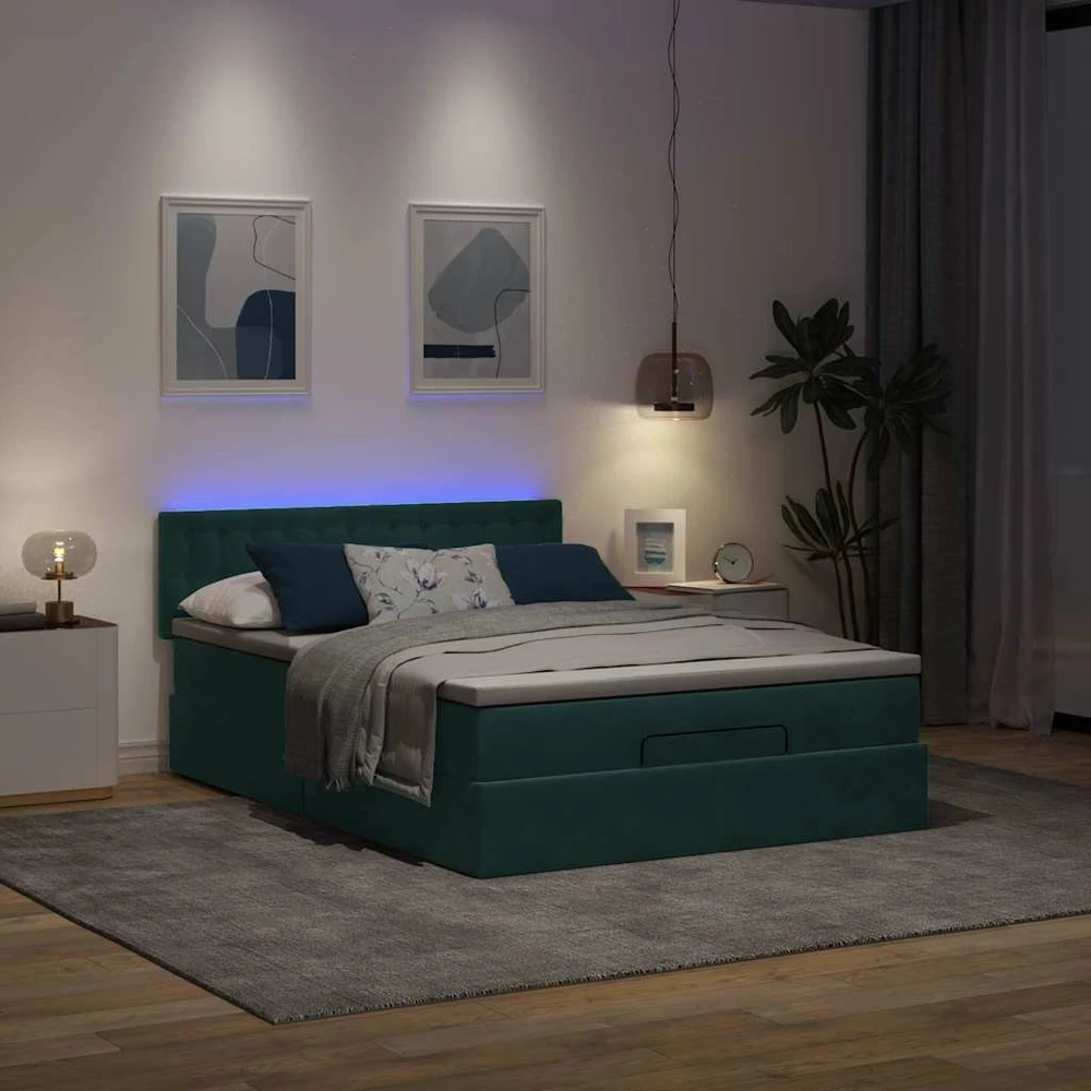 Osmanų lova su čiužiniu ir LED Tamsiai žalia 140x200cm Velvet