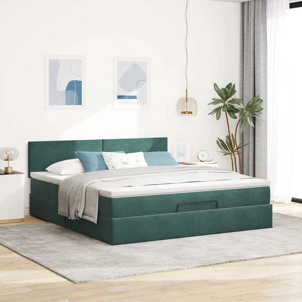 Osmanų lova su čiužiniu ir LED Tamsiai žalia 160x200cm Velvet