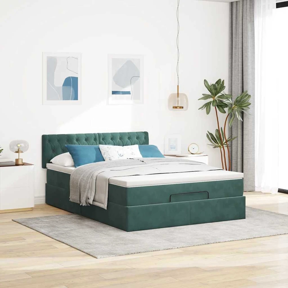 Osmanų lova su čiužiniu ir LED Tamsiai žalia 140x200cm Velvet