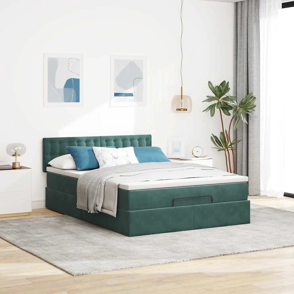 Osmanų lova su čiužiniu ir LED Tamsiai žalia 140x200cm Velvet
