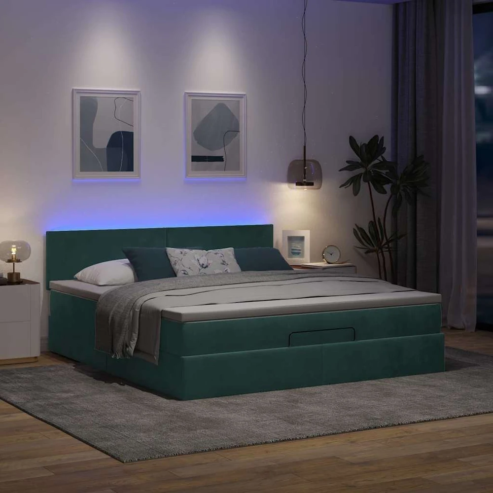 Osmanų lova su čiužiniu ir LED Tamsiai žalia 180x200cm Velvet