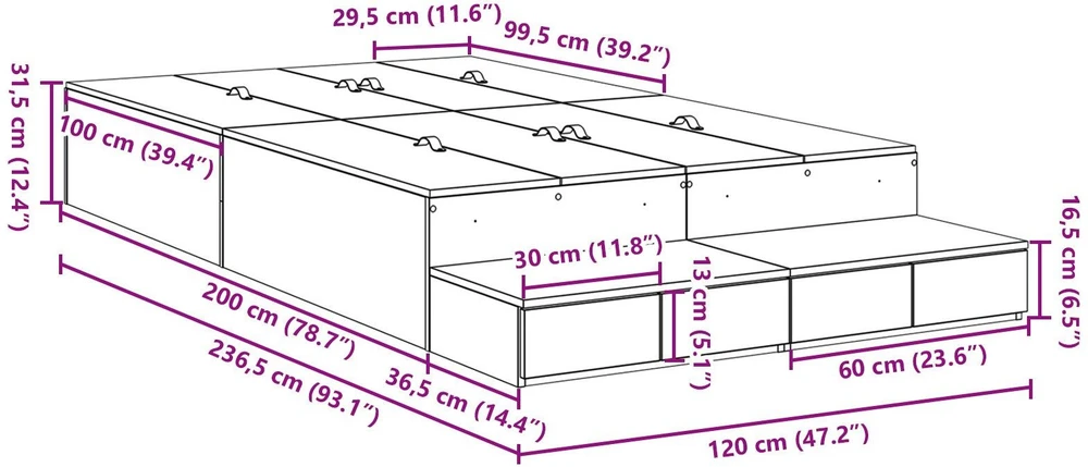 Lova su daiktų laikymo vieta su stalčių Betono pilka 120 cm