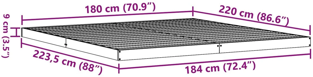 Lova Grindų lovos rėmas Balta 180 x 220 cm Kietos pušies mediena