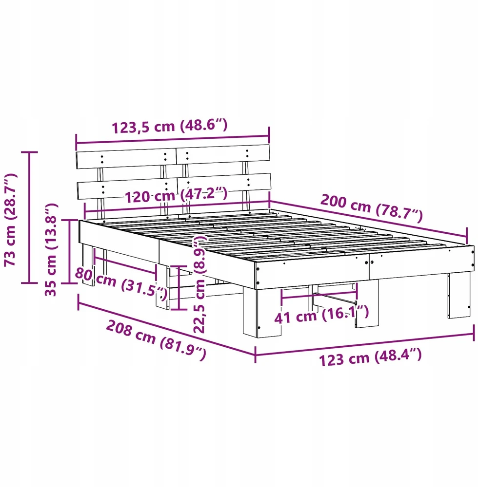 Lovos rėmas Natūrali 120 x 200 cm Kietos pušies mediena