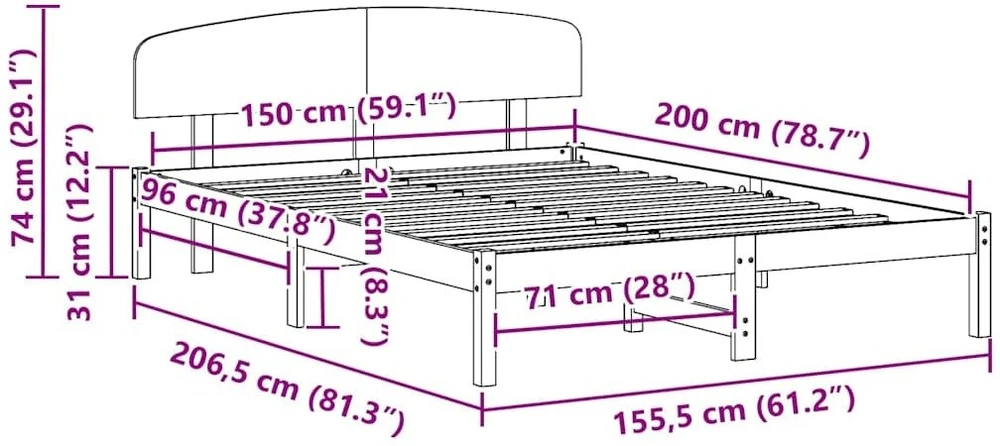 Lovos rėmas Balta 150 x 200 cm Kietos pušies mediena
