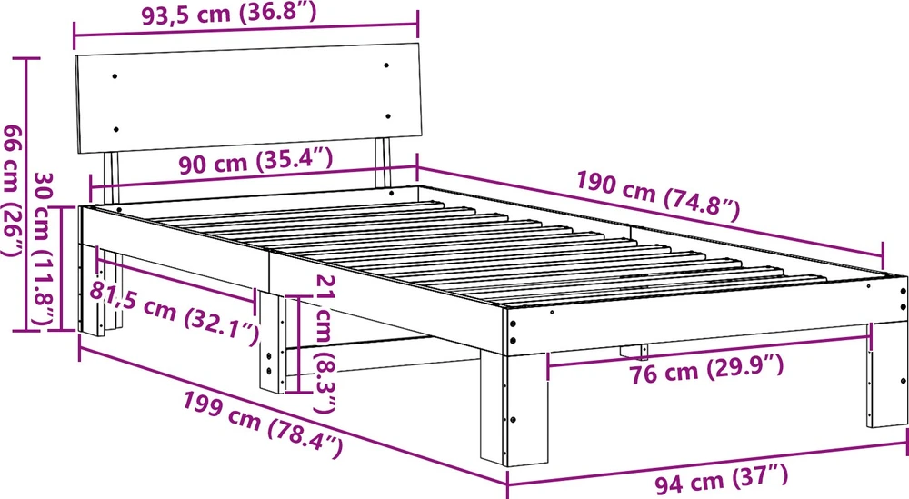 Lovos rėmas Vaško ruda 90 x 190 cm Kietos pušies mediena