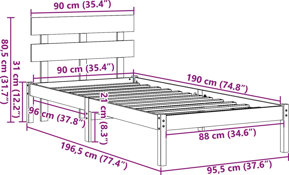 Lovos rėmas Ruda 90 x 190 cm Pušies medienos masyvas