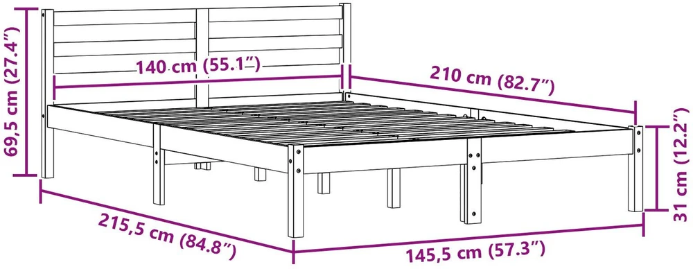 Lova Lovos rėmas Balta 215,5 x 145,5 x 69,5 cm Kietas pušies medis
