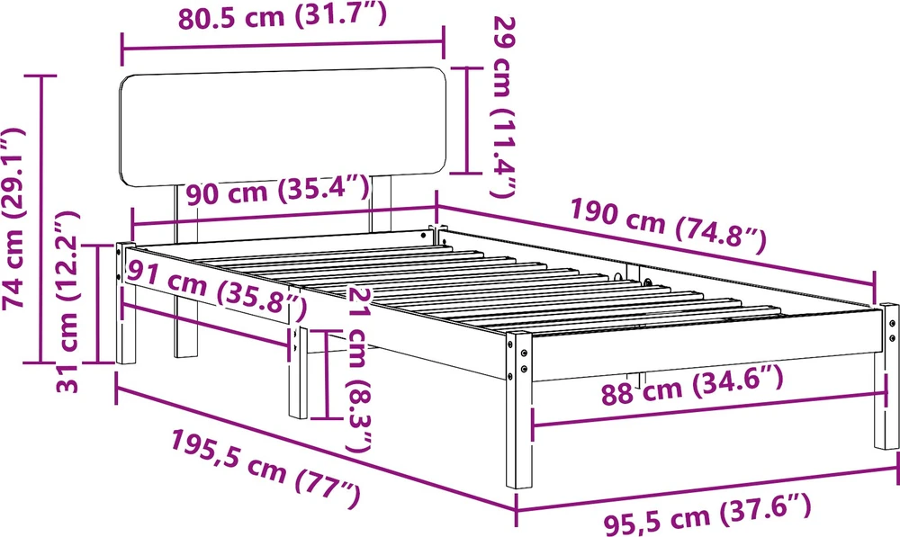 Lovos rėmas Balta 90 x 190 cm Kietos pušies mediena