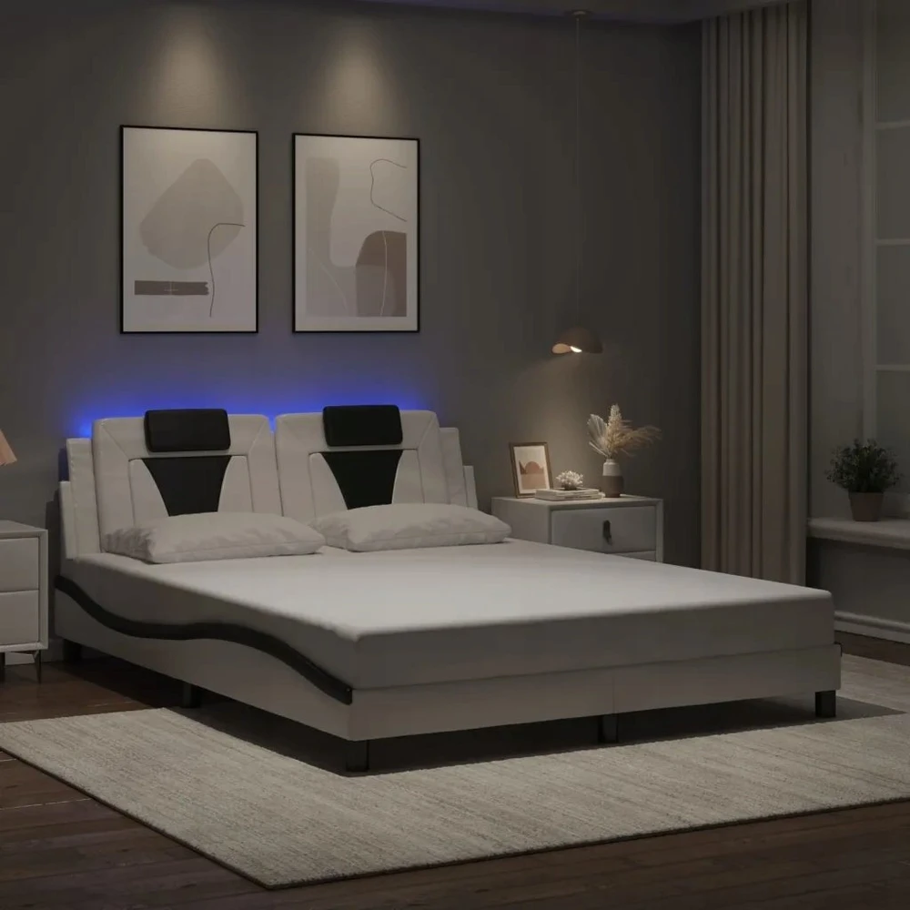 Lovos rėmas su LED, baltas ir juodas, 160x200cm, dirbtinė oda