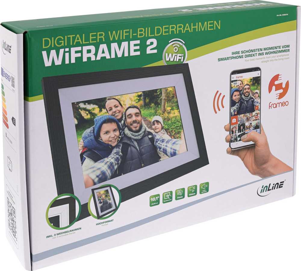 Nuotraukų rėmelis Ramka InLine ®, skaitmeninė WiFi nuotraukų ramka WiFRAME 2, 10.1'', 1920x1200 16:10 LCD IPS jutiklinis ekranas, Frameo APP, balta, įskaitant 3 keičiamus išorinius rėmelius